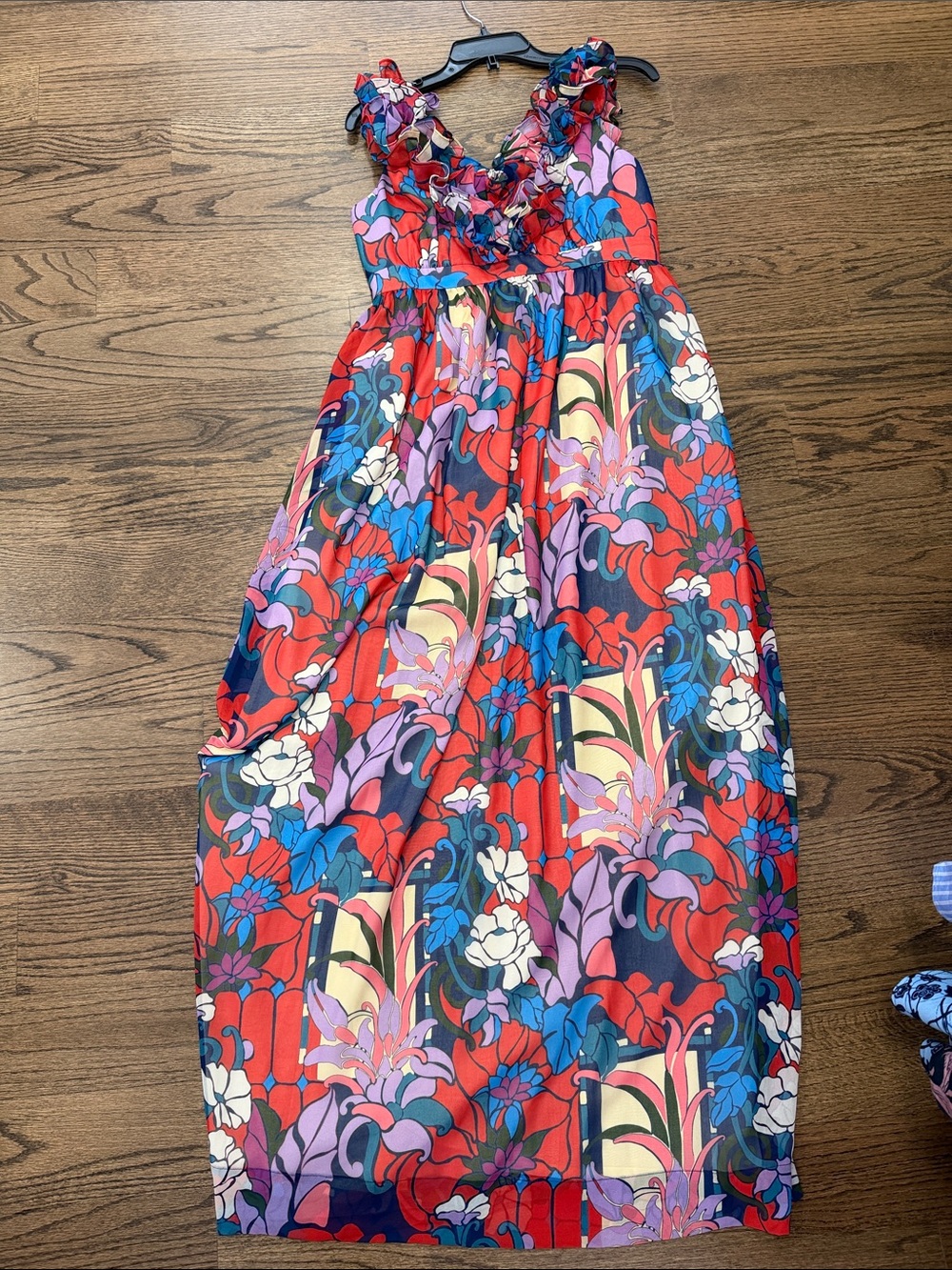 Ruffled V-Neck Floral Maxi Dress in Red